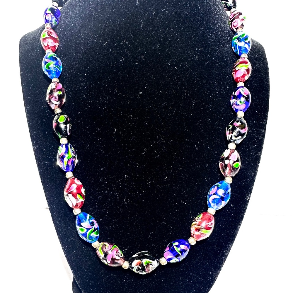 Silver Works Multi Colored Glass Beaded Necklace With Sterling Silver Spacers
